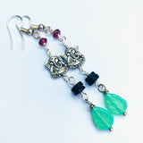 Iolite & Garnet Elephant Earrings. Long Gemstone Rosary Earrings. Lucky Elephant