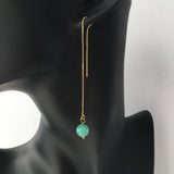 Genuine Amazonite Threader Earrings Pair, Long Gold Plated Chain Threaders, Pair