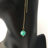 Genuine Amazonite Threader Earrings Pair, Long Gold Plated Chain Threaders, Pair