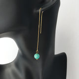 Genuine Amazonite Threader Earrings Pair, Long Gold Plated Chain Threaders, Pair