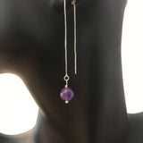 Genuine Natural Amethyst Silver Plated Threader Earrings, Pair