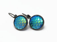 Blue Mermaid Scale Earrings - Lake Blue Lever Back Earrings. Gunmetal Black Drop Earrings