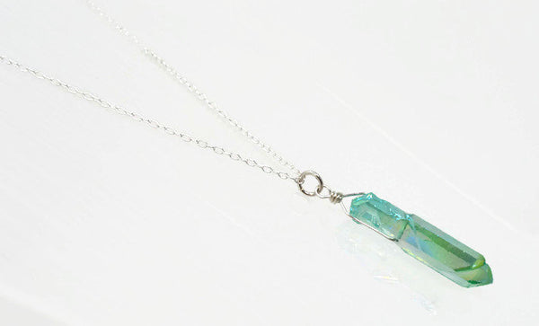 Sterling Silver Aqua Aura Crystal Necklace - Natural Healing Aqua Aura Quartz Necklace. Choice of length