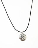 Silver Sand Dollar Necklace. Stamped Pendant. Adjustable Black Cotton Cord.