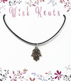 Silver Filigree Hamsa Hand Necklace. Hand of Fatima Pendant - Adjustable Black Cotton Cord Necklace