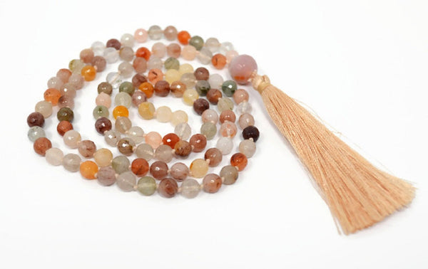 Hand Knotted Natural Rutilated Quartz Gemstone Mala Necklace