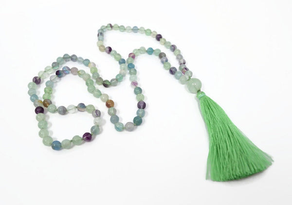 Hand Knotted Natural Fluorite Gemstone Mala Necklace
