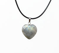 Genuine Labradorite Gemstone Heart Necklace. Labradorite Heart Black Cord Necklace. Adjustable. Wish Knots.